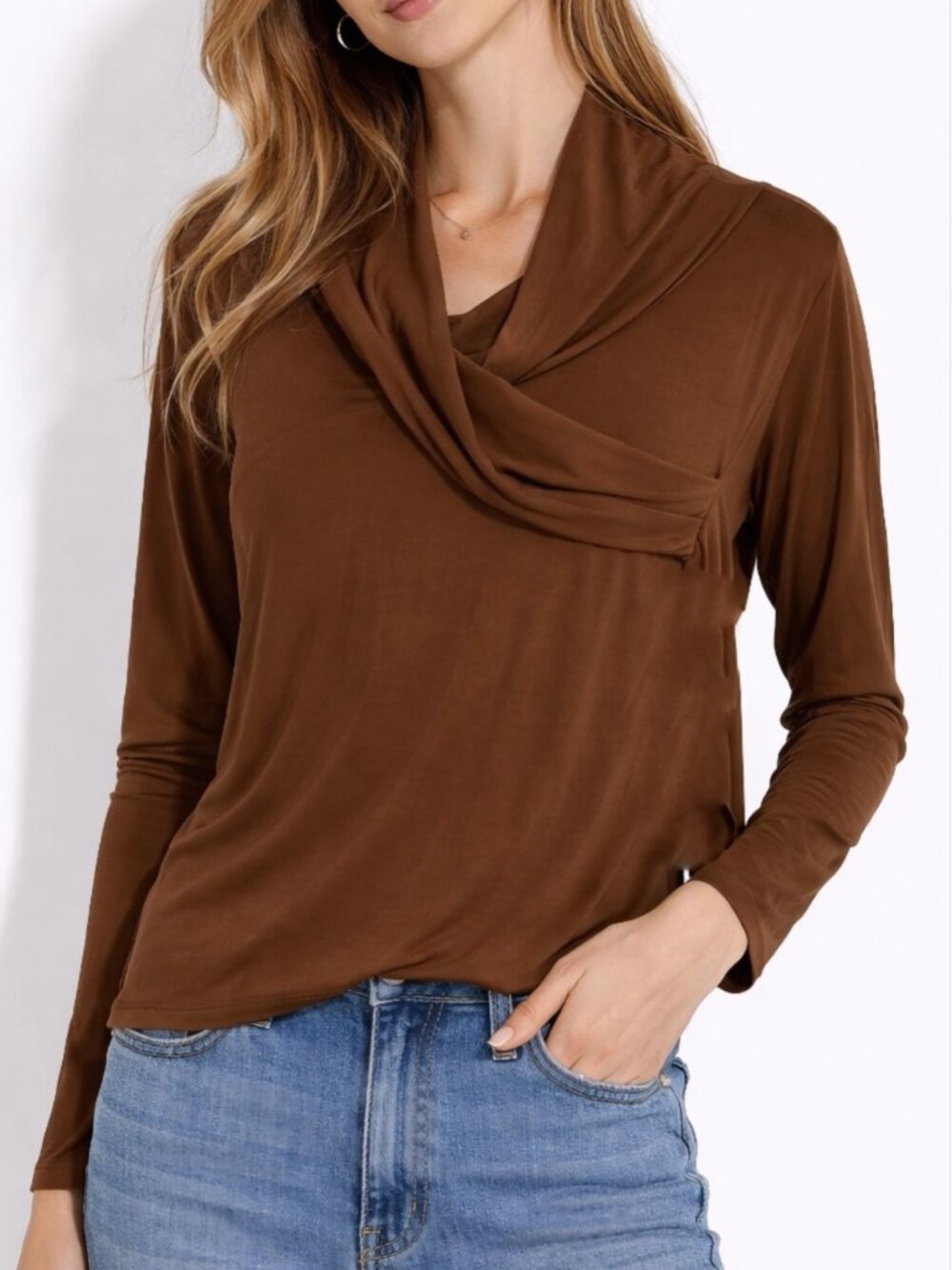 Citiknits Brown Sienna Cowl Neck Stretch Knit Top Long Sleeve L NWT